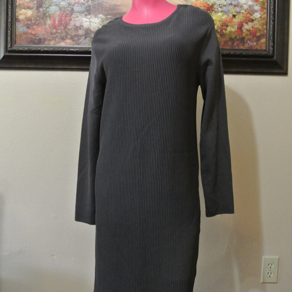 Carmen Marc Valvo Long Sleeve Dress LARGE Stretch Ribbed Midi Comfortable Gray